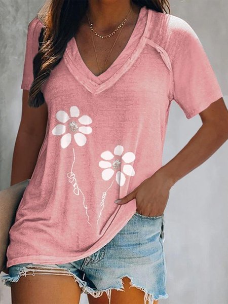

Floral Short Sleeve V Neck Casual T-Shirt, Pink, T-Shirts