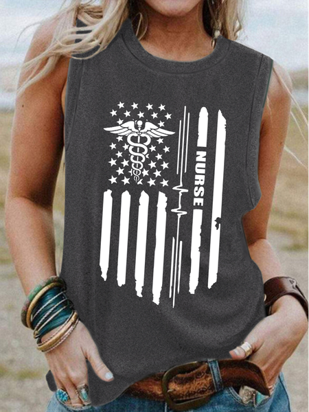 

Nurse Week American Flag Print Crew Neck Tank Top, Gray, Tank Tops