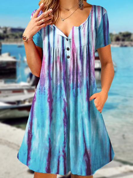Ombre V Neck Short Sleeve Knit Dress, Multicolor, Mini Dresses