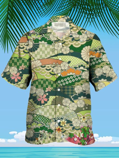 

Men's Vintage Pattern Print Casual Breathable Short Sleeve Hawaiian Shirt, Green, Men's Floral shirt