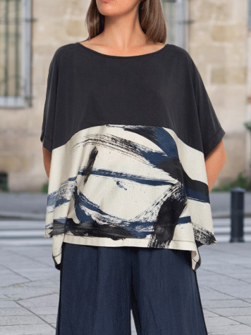 

Abstract Crew Neck Short Sleeve Tops, Black, Shirts & Blouses