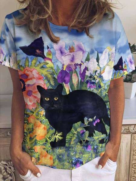 

Casual Floral Cat Print Crew Neck Short Sleeve T-Shirt, As picture, T-shirts
