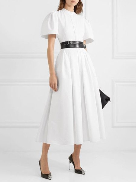 

Elegant Stand Collar Short Sleeve Solid Midi Dress, White, Maxi Dresses