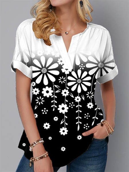 

Casual V neck Floral Short Sleeve Tops, Black, Tops