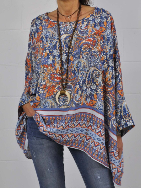 

Tribal Loosen Long Sleeve Tops, Blue, Shirts & Blouses