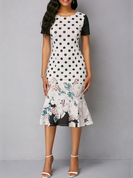 

Elegant Crew Neck Polka Dots Short Sleeve Knit Dress, White, Midi Dresses