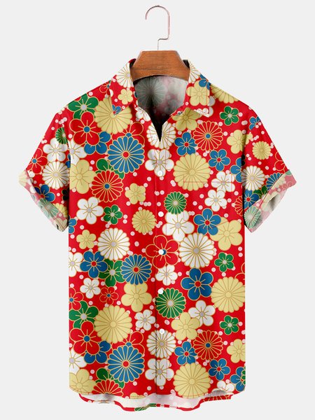 

Japanese Traditional Pattern Men's Casual Hawaiian Short Sleeve Shirt, Red, Men's Floral shirt