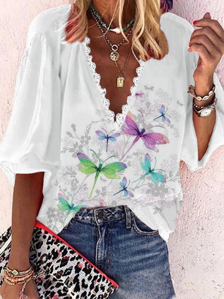 

Casual Dragonfly Three Quarter V Neck Plus Size Printed Tops, White, Tops