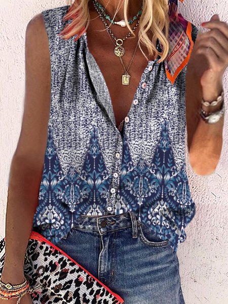 

Casual Sleeveless V Neck Plus Size Printed Tank Top Vests, Blue, Blouses & Shirts