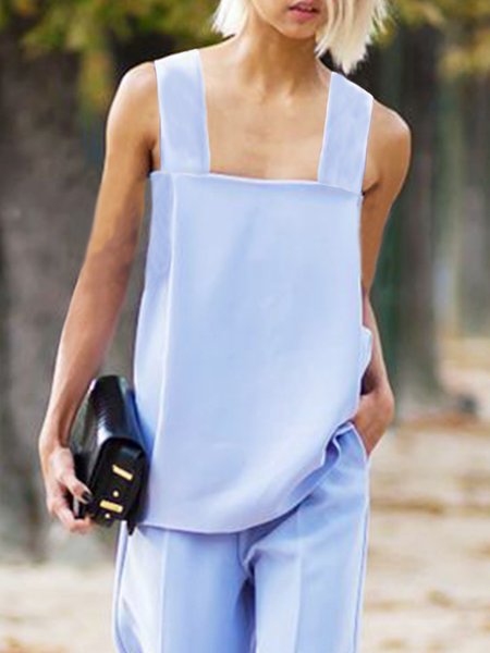 Simple Solid Square neck Sleeveless Top, Blue, Tunics
