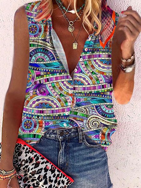 

V Neck Painted Casual Sleeveless Blouse, Multicolor, Blouses & Shirts