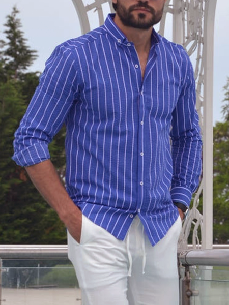 

Cotton Linen Style American Casual Striped Versatile Linen Shirt, As picture, Blouses&Shirts