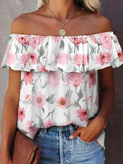 

Boat Neck Floral Vacation Short Sleeve Tops, Pink, Shirts & Blouses