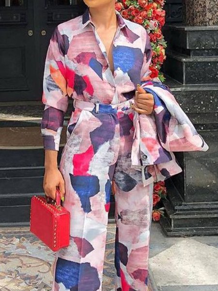 

Abstract Shirt Collar Long Sleeve Blouse, Multicolor, Blouses and Shirts