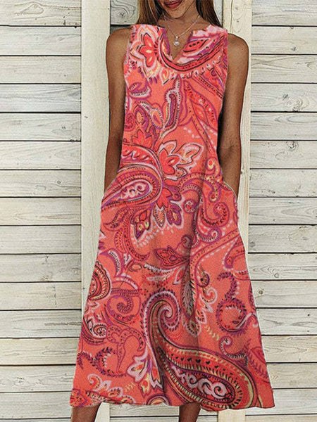 

Paisley Casual Sleeveless Woven Dresses, Multicolor, Midi Dresses