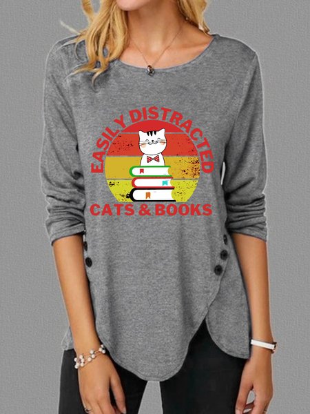 

Easily Distracted By Cats And Books Funny Shirt, Gray, Long sleeves