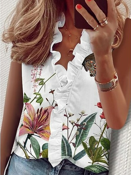 

Floral Vacation Casual Women Tank, White, Tanks & Camis