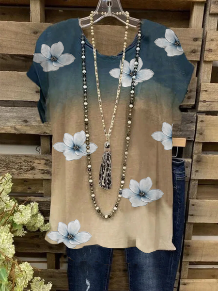 

Casual Crew Neck Ombre Short Sleeve Tops, As picture, Tops