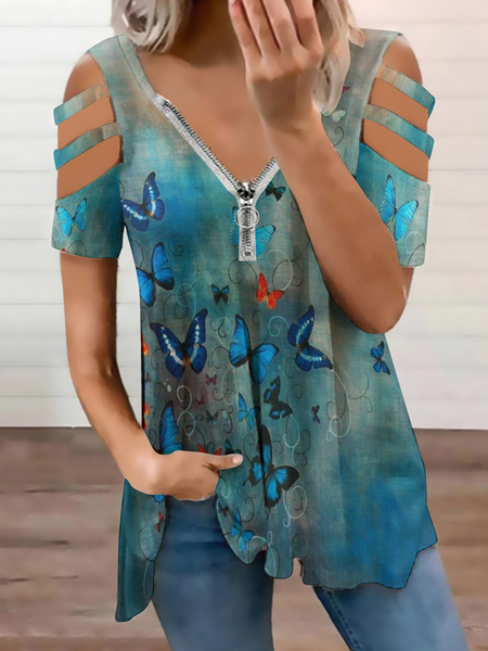 

Butterfly Print V Neck Casual Short Sleeve Tops, As picture, Blouses