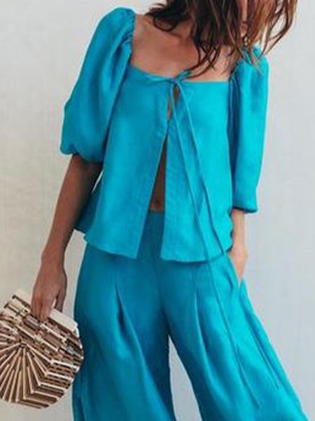 

Puff Sleeve Square Neck Vacation Plain Short Sleeve Top, Blue, Tops