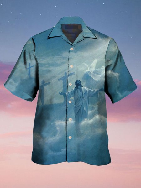 

Mens Easter Crucifix Jesus Dove Print Casual Breathable Short Sleeve Hawaiian Shirts, Blue, Men's Floral shirt