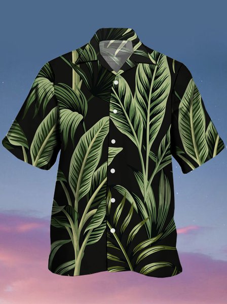 

Mens Tropical Leaves Print Hydrocool Fabric Quick Dry Casual Breathable Short Sleeve Shirt, Black, Men's Floral shirt
