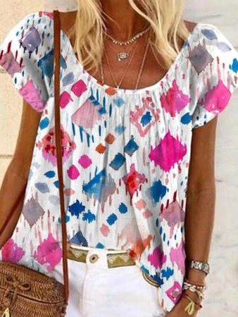 

Crew Neck Geometric Short Sleeve Tops, Multicolor, Shirts & Blouses
