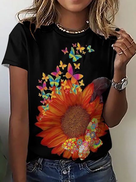 

Flower And Butterfly Women's Short Sleeve T-Shirt, Black, T-shirts