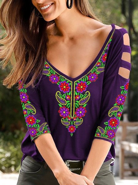 

Tribal V Neck Casual Three Quarter Loosen T-Shirt, Purple, T-Shirts