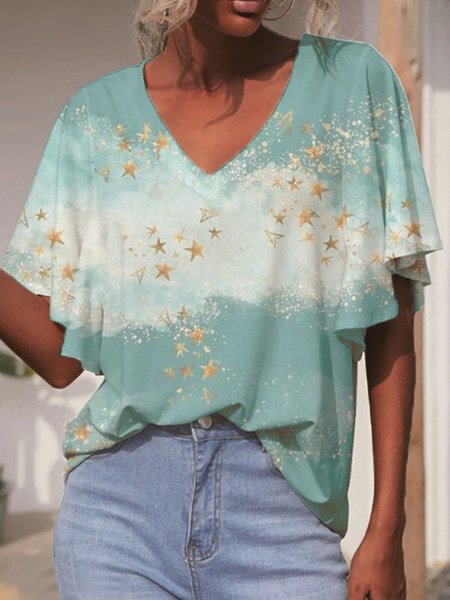 

Star V Neck Short Sleeve T-Shirt, Green, T-Shirts