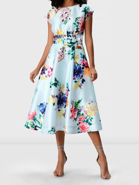 

Summer Crew Neck Lightweight Elegant Floral Short Sleeve Woven Dress, Cyan, Midi Dresses
