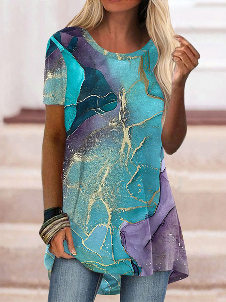 

Colorful Marble Printed Short Sleeve Casual Holiday Md-long T-Shirt, Multicolor, T-Shirts