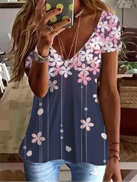 

Floral Casual V Neck Short Sleeve T-Shirt, Multicolor, T-Shirts