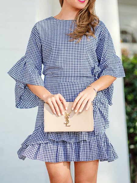 

Summer Non-Stretch Lightweight Crew Neck Short Sleeve Woven Dress, Blue, Mini Dresses