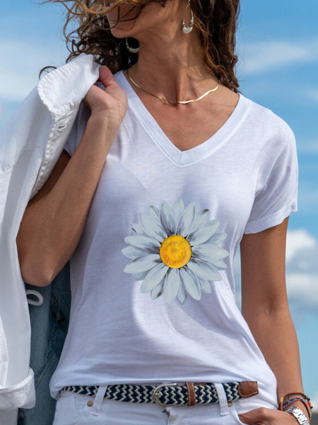 

V Neck Casual Short Sleeve T-Shirt, White, Tees & T-shirts
