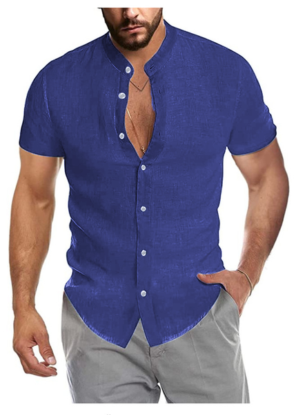 

Solid Color Casual Cotton Linen Short Sleeve Shirt, Purplish blue, Shirt