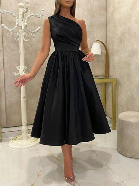 

One Shoulder Asymmetrical Neck Regular Fit Plain Sleeveless Woven Midi Dress, Black, Maxi Dresses