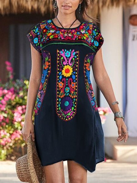 

Tribal Printed Casual Short Sleeve Loosen Dress, Deep blue, Mini Dresses