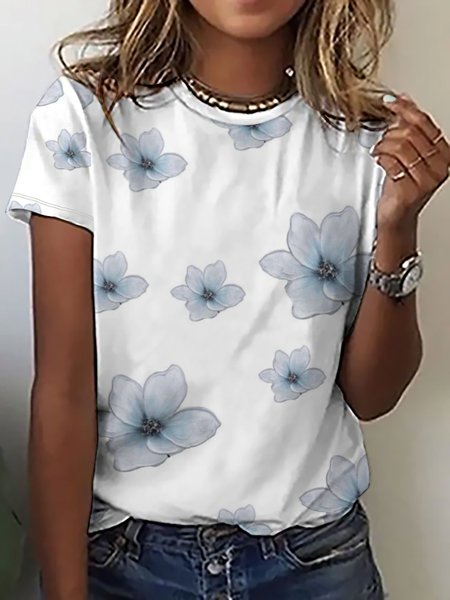 

Floral Loosen Sweet Short Sleeve Tops, White, T-shirts