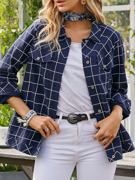 

Lapel Loosen Vest Checked Long sleeve, Deep blue, T-Shirts