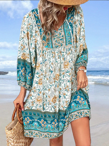 

V Neck Floral Vacation 3/4 Sleeve Woven Dress, Green, Mini Dresses