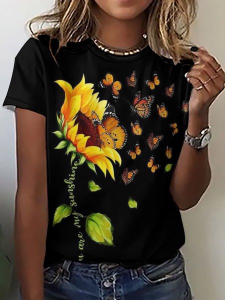 Sunflower And Butterfly Women's Short Sleeve T-Shirt, Black, T-shirts