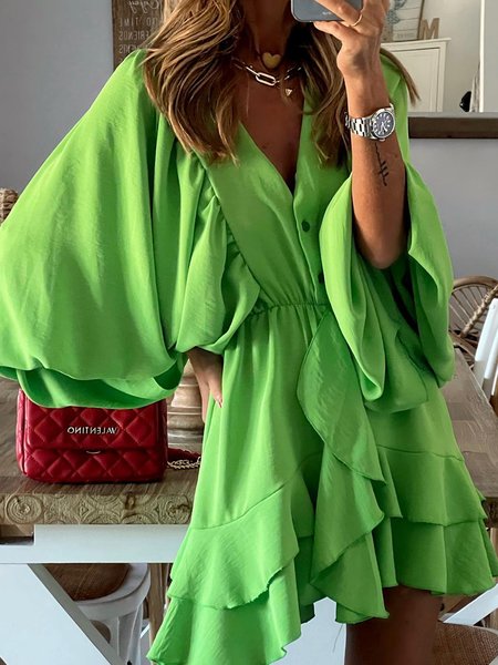 

V neck Regular Fit Vacation Three Quarter Woven Dress, Green, Mini Dresses