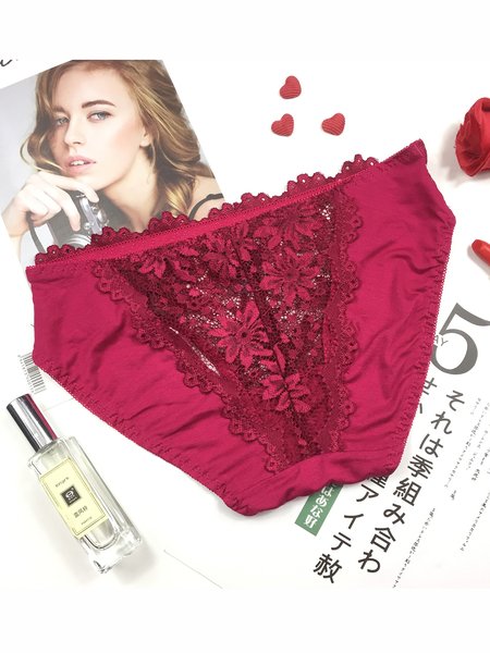 

Women's Sexy Perspective Comfortable Breathable Mid Waist Briefs, Wine red, Panties