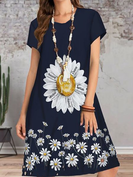 

Vacation Floral Letter Casual Loosen Crew Neck Midi Short Sleeve Knit Dress, Flower, Mini Dresses