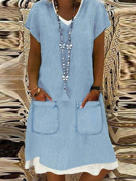 

Loosen Cotton Blends V Neck Short Sleeve Woven Dress, Blue, Dresses