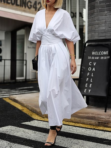 

Daily V Neck Plain Short Sleeve Woven Dress, White, Maxi Dresses