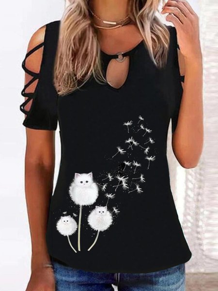 

Casual Cat Short Sleeve Round Neck Plus Size Printed Tops T-shirts, Black, T-Shirts
