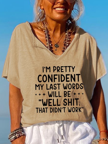 

My Last Words Casual V Neck Short Sleeve Tops, Khaki, T-shirts