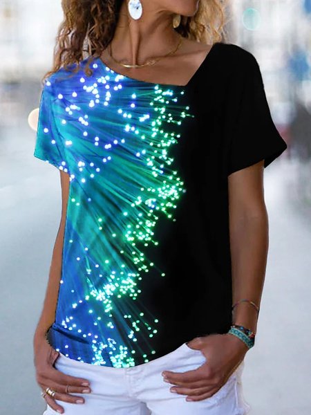 

Asymmetrical Neck Casual Ombre Short Sleeve T-Shirt, Black-blue, T-Shirts